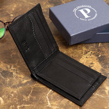 Load image into Gallery viewer, POM - Black bi-fold leather wallet

